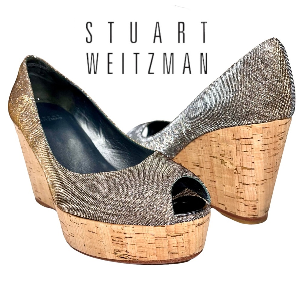 Stuart Weitzman Womens 7 1/2 M Anna Corkswoon Glitter Wedge Heel Peep Toe Pumps